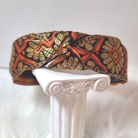 JEWELTONE JACQUARD SATIN FABRIC top knot orange gold black pattern headband - Picture 2 of 9